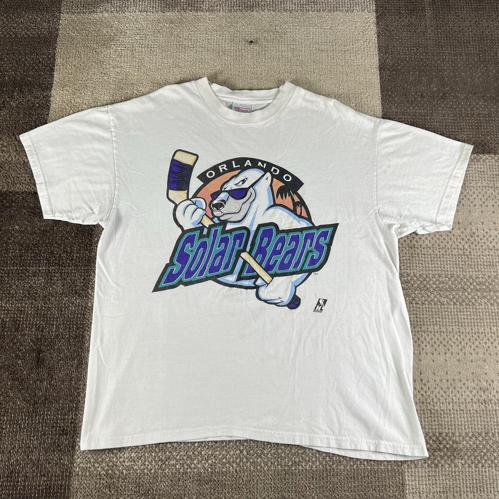Vintage 90s Orlando Solar Bears IHL FL Hockey Team White Logo T Shirt Size XL